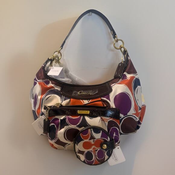 NWT Coach Ashley Scarf Print Bag, Wristlet & Mirror Multicolor Gift Ready Set - Picture 1 of 16